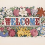 Red and blue WELCOME text surrounded by colorful flowers on a beige parchment background