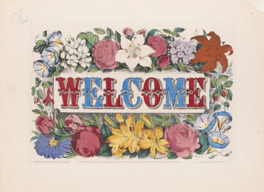 Red and blue WELCOME text surrounded by colorful flowers on a beige parchment background